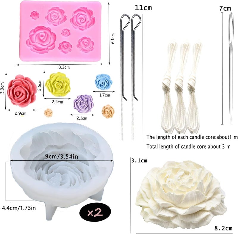 Nimozekd 3PCS Rose & Peony Flowers Silicone molds Cake Chocolate Mold Peony Flower Candle Molds with Large-Eye Wicking Needle Candlewick etc Wedding Cake Decorating Tools Fondant Sugarcraft Cake Mold - Image 2